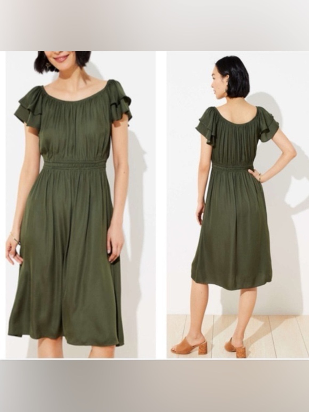 LOFT Olive Green Smocked-Waist Ruffle Sleeve Midi Dress